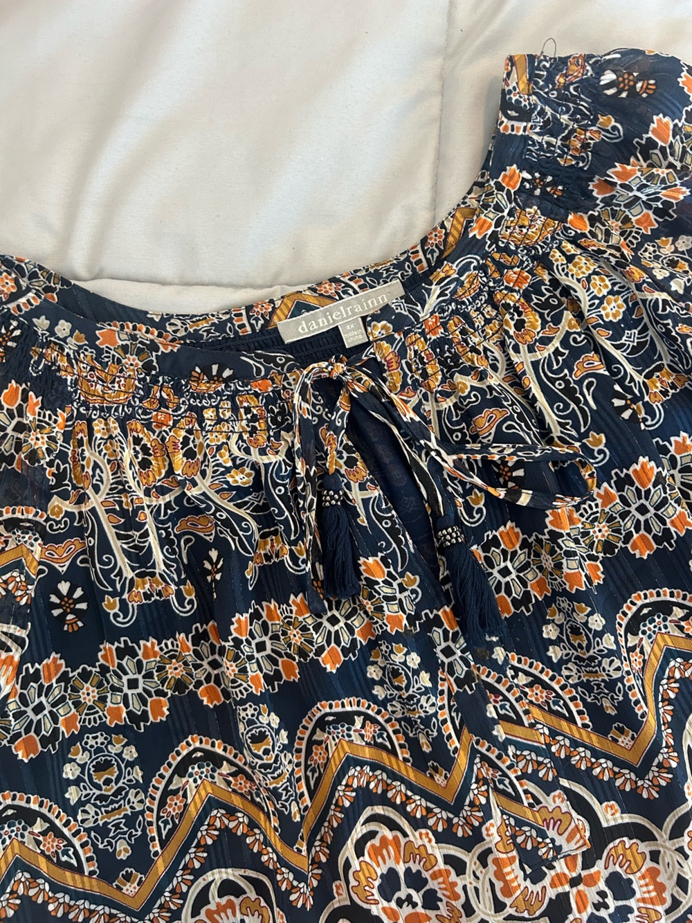 2X Navy Tie-Neck Peasant Tunic with Gold and Brown Accents by Daniel Rainn